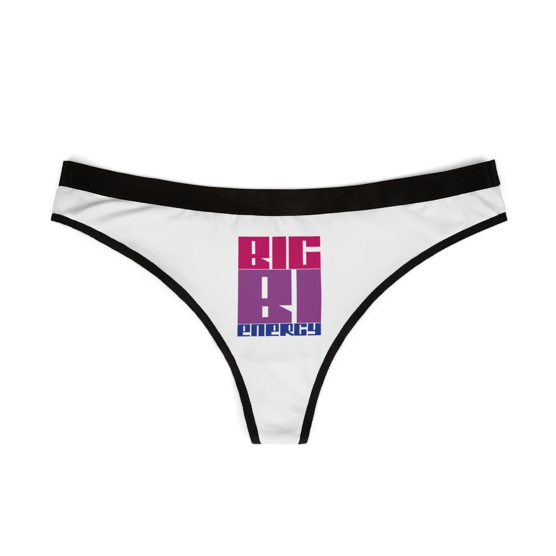 Introducing the "BIG BI ENERGY" g-string or thong from Printify, featuring a white design with black trim and adorned with bold text. The front showcases "BIG BI ENERGY" in eye-catching purple and pink block letters, embracing diversity and pride from a trans-owned business.