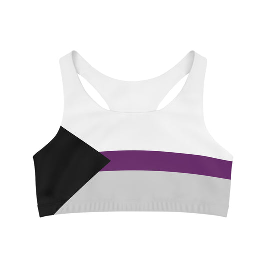 The Demisexual pride flag Seamless Sports Crop Top by Printify offers medium support and features a geometric design incorporating a black triangle, purple stripe, and light gray section on a white base. It's made from moisture-wicking material and comes in a racerback style.