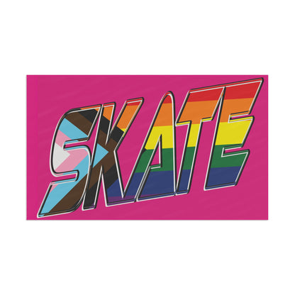 Gay Skate's SKATE progress pride original logo flag - on pink features a bold graphic with the multicolored rainbow pride word "SKATE" on a vibrant pink background. The letters are adorned in the colors of both the rainbow flag and the transgender pride flag, celebrating inclusivity and queer skating pride within the community.