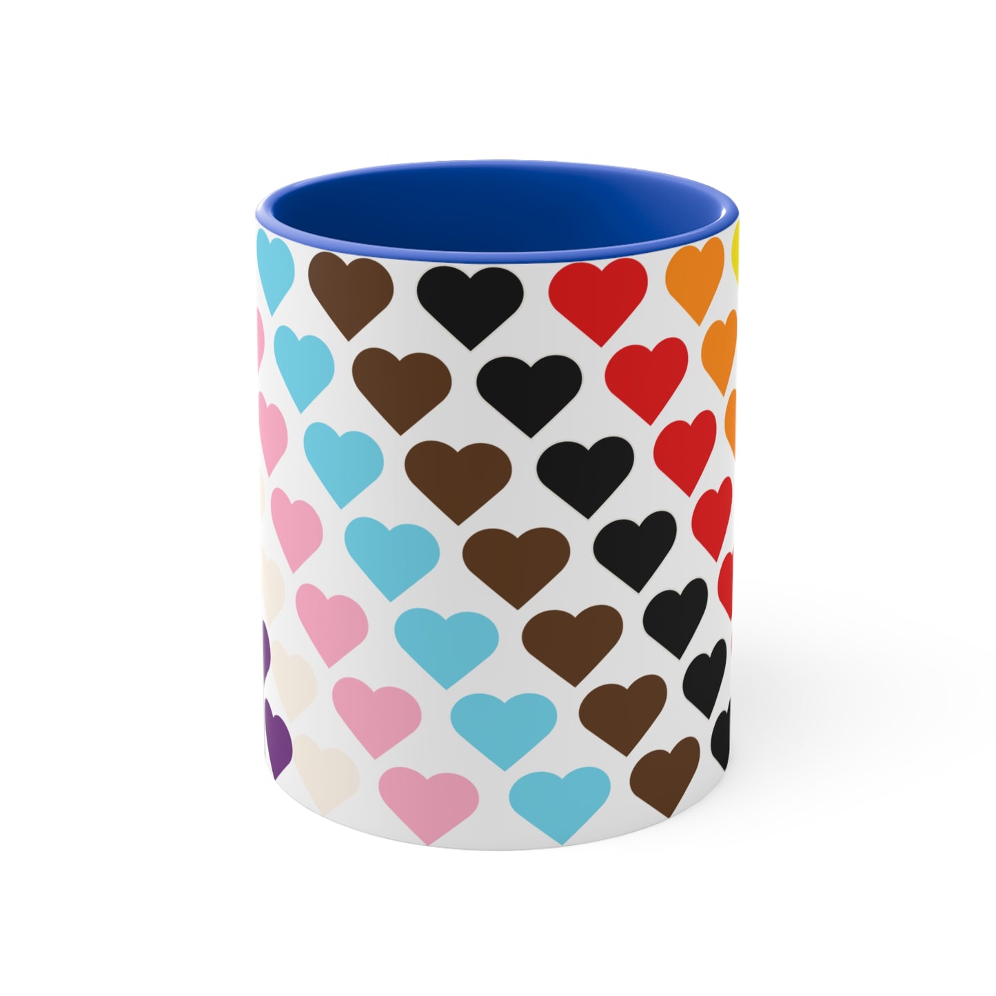 Introducing the Progress Pride Flag Love Hearts - Colourful Accent Mug by Printify: a ceramic mug featuring a vibrant red handle and a lively interior, adorned with diagonally arranged rows of hearts in shades of purple, blue, pink, green, and yellow. The hearts are evenly spaced across the surface, creating a charming and festive design.