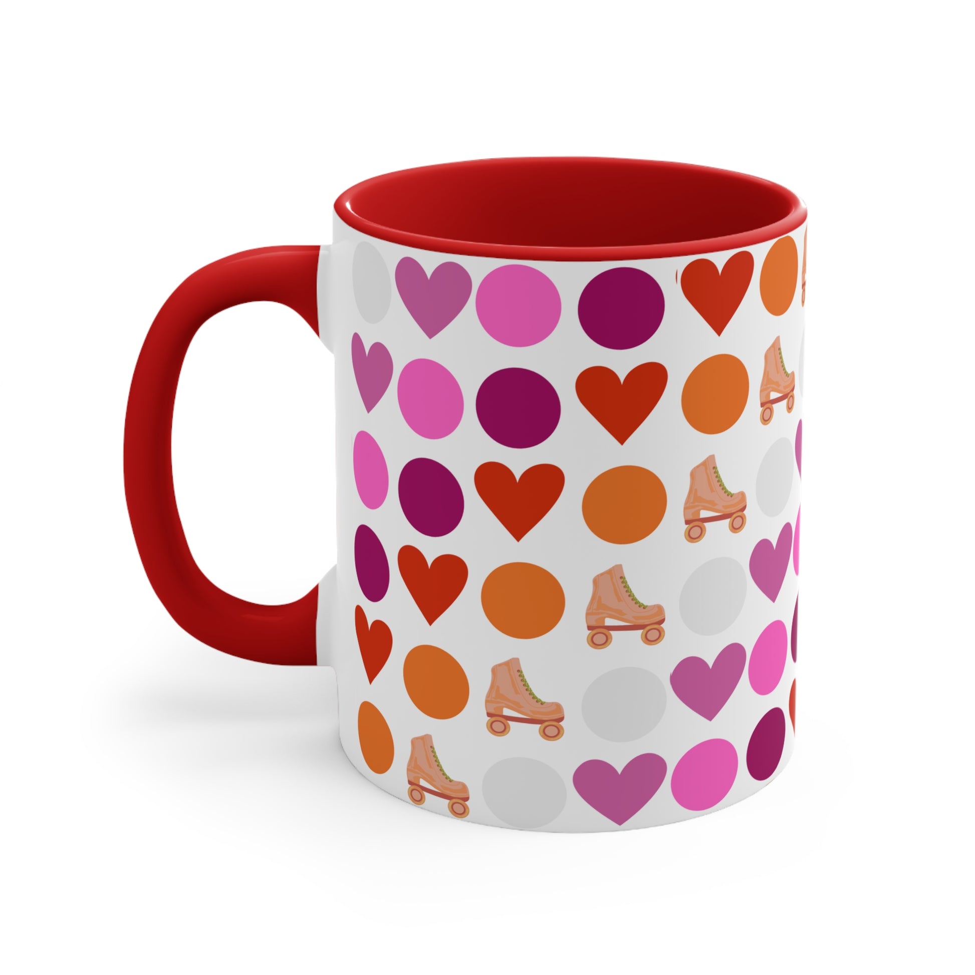 The Subtle Lesbian Pride + Roller Skate Colourful Accent Mug by Printify is a white ceramic mug featuring a red handle and a vibrant interior. It is adorned with a playful pattern of hearts, circles, and roller skates in an array of colors, including pink, purple, orange, and red.