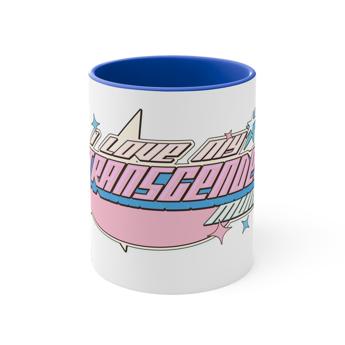 The "I Love My Transgender Mum" original design accent mug by Printify is a white ceramic mug with a vibrant pink interior. It features the stylized word "Transcend," adorned with stars and gradient shades of pink, blue, and purple that represent the colors of the transgender pride flag.