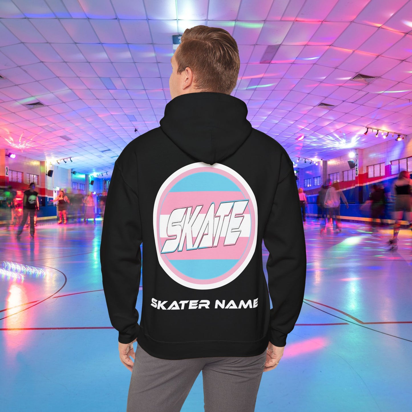 Add Custom Name - SKATE Trans Flag round logo Hoodie - Australian Shipping