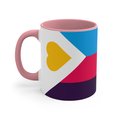 The Polyamory Pride Flag cup - colorful accent mug by Printify features a white coffee mug with a red handle and a vibrant interior. The exterior design showcases a colorful heart on a white background, accompanied by distinctive elements including a blue triangle, pink stripe, and purple stripe.