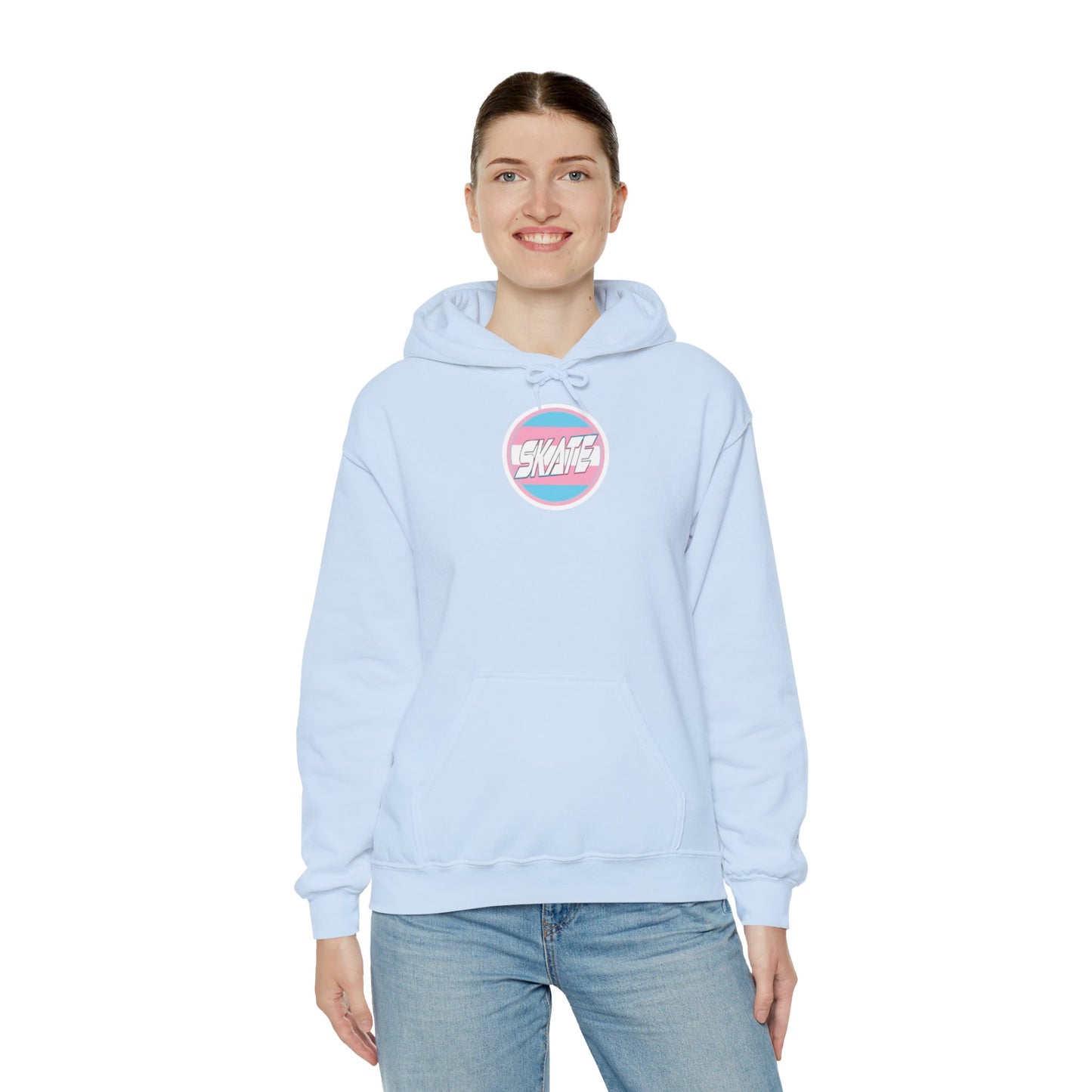 Add Custom Name - SKATE Trans Flag round logo Hoodie - Australian Shipping