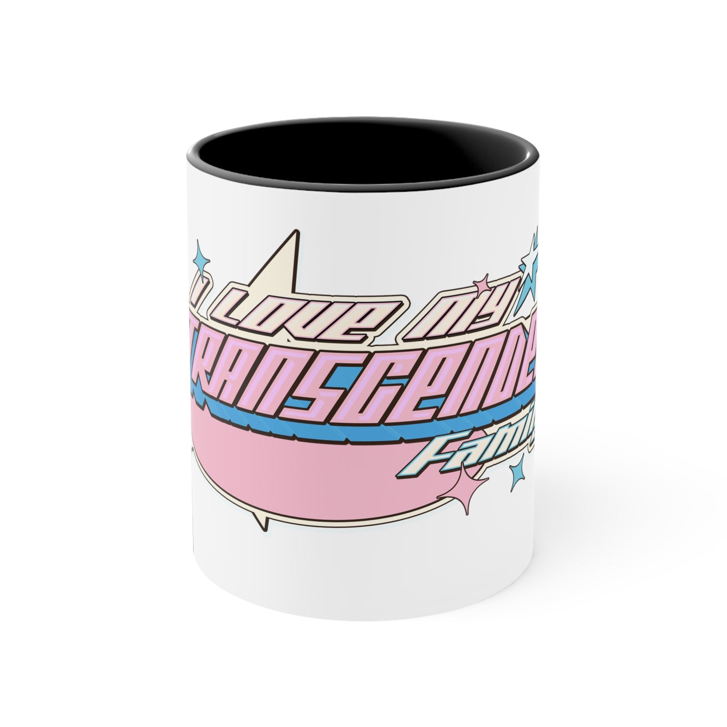 The "I Love My Transgender Family" original design accent mug by Printify features a white exterior with a vibrant, colorful interior. The retro-styled text reads "I Love My Transgender Family" in pink, blue, and cream colors accented by stars. This eye-catching design contrasts beautifully and evokes a nostalgic, vintage feel with its bold, decorative lettering.