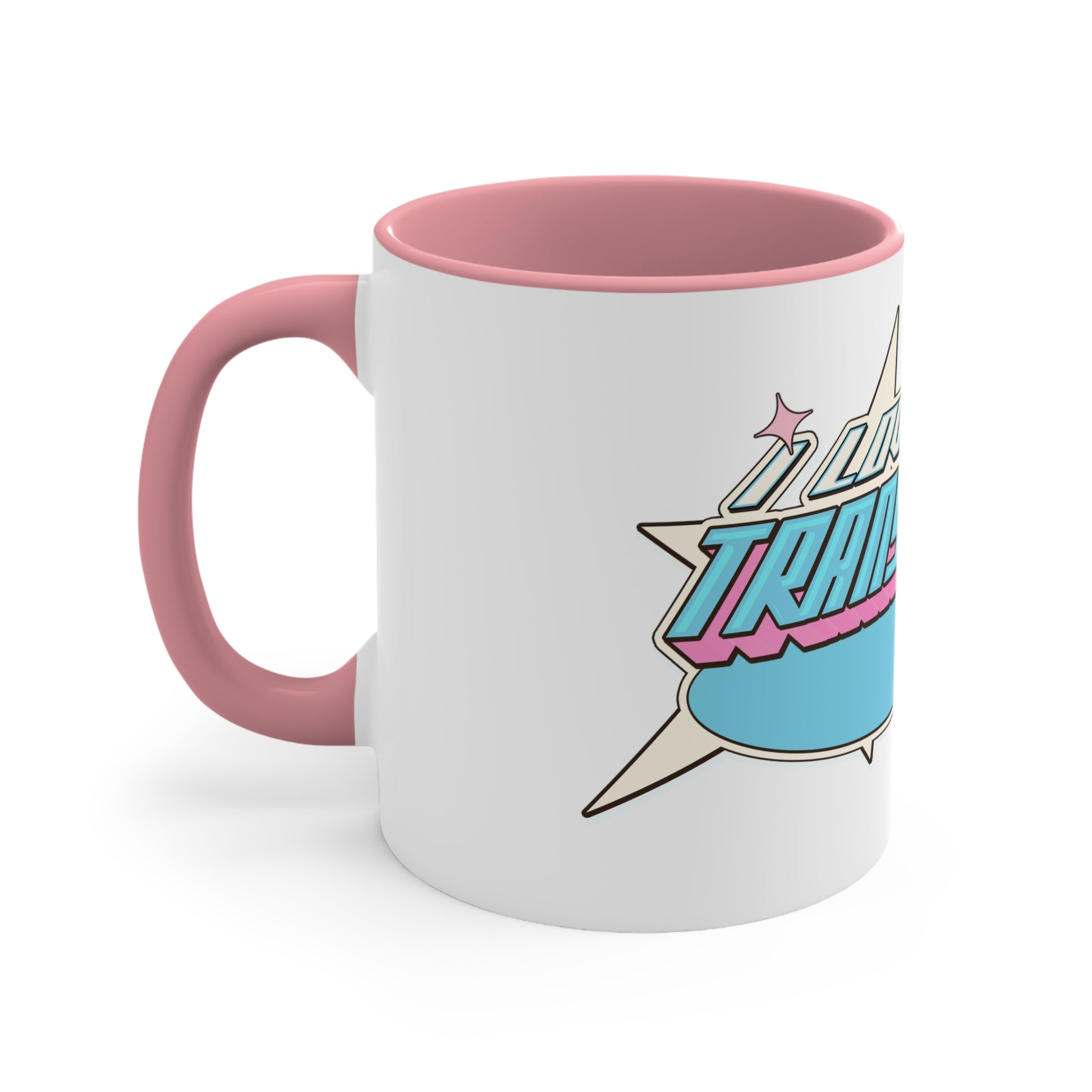 The vibrant I Love My Transgender Son original design accent mug from Printify features a colorful interior and showcases a retro-styled graphic with the phrase "Love My Transgender Self" in bold letters, surrounded by star shapes and a banner. The design incorporates pastel colors such as pink, turquoise, and blue.