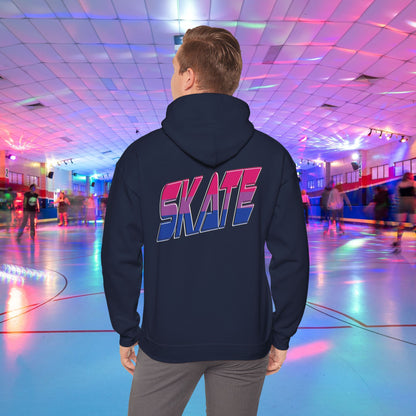 A person in a SKATE Bisexual Pride Hoodie from Printify, with bold and colorful "SKATE" lettering on the back, stands in a brightly lit roller skating rink. The background features skaters gliding on a shiny floor under a ceiling with vibrant, multicolored lights. This unisex heavy blend hooded sweatshirt showcases original designs and is available for Australian shipping.