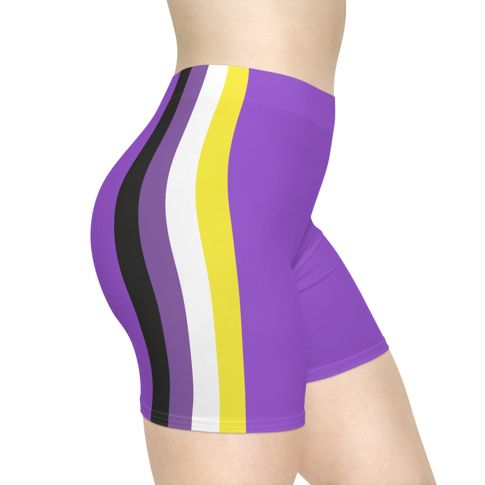 A person is wearing Non-binary Pride Flag Bike pants, featuring moisture-wicking polyester material and vertical stripes in black, purple, white, and yellow on the side - the nonbinary pride flag. The image shows the lower torso and upper thigh area from a side view.