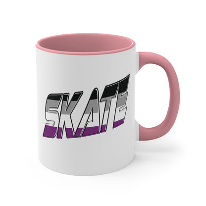 The SKATE asexual pride flag accent mug from Printify features a striking design: a white base with a black handle and vibrant interior. The word "SKATE" is boldly displayed on the side in 3D-style letters, showcasing an eye-catching gradient that transitions from black and gray at the top to purple at the bottom.