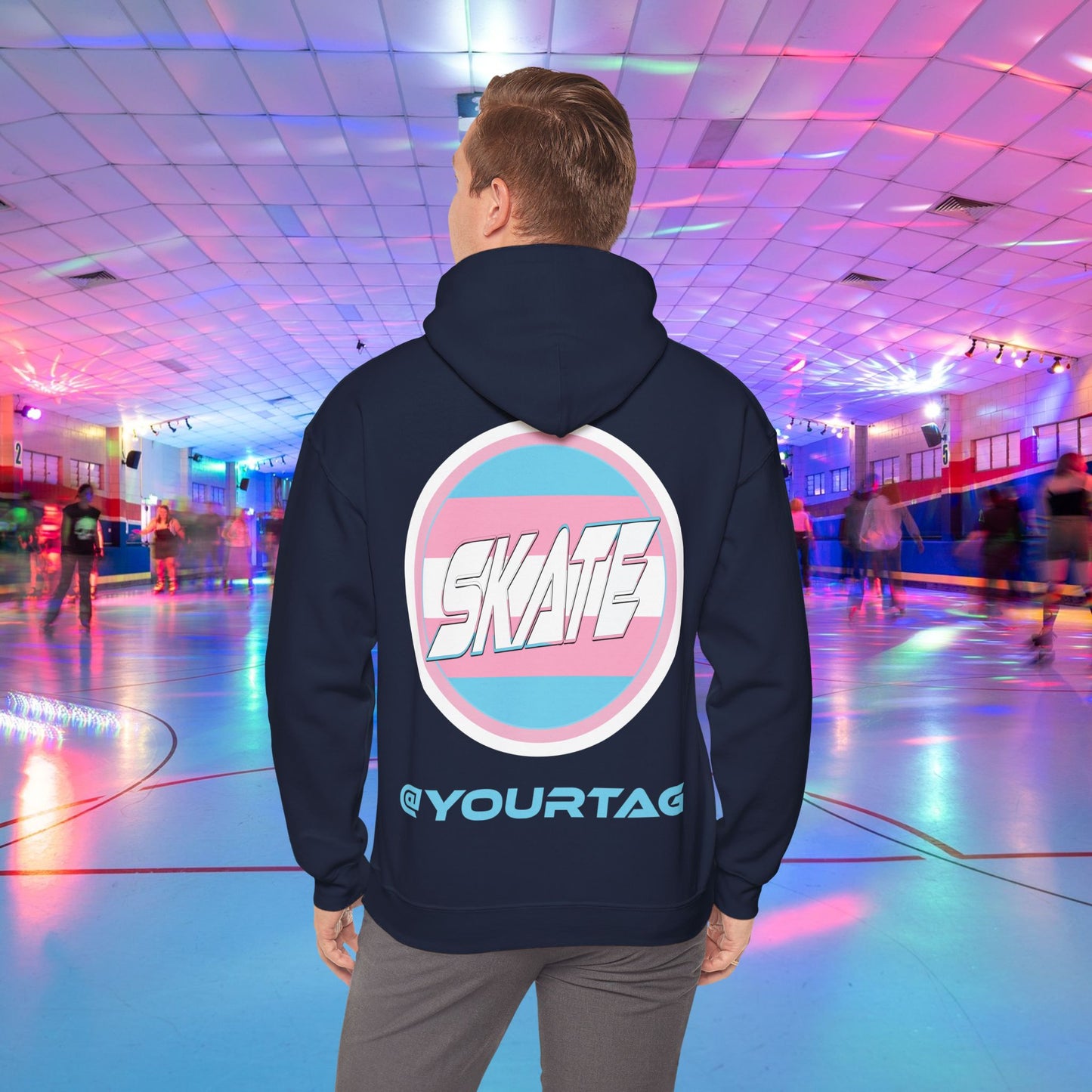 Add Custom Name - SKATE Trans Flag round logo Hoodie - Australian Shipping