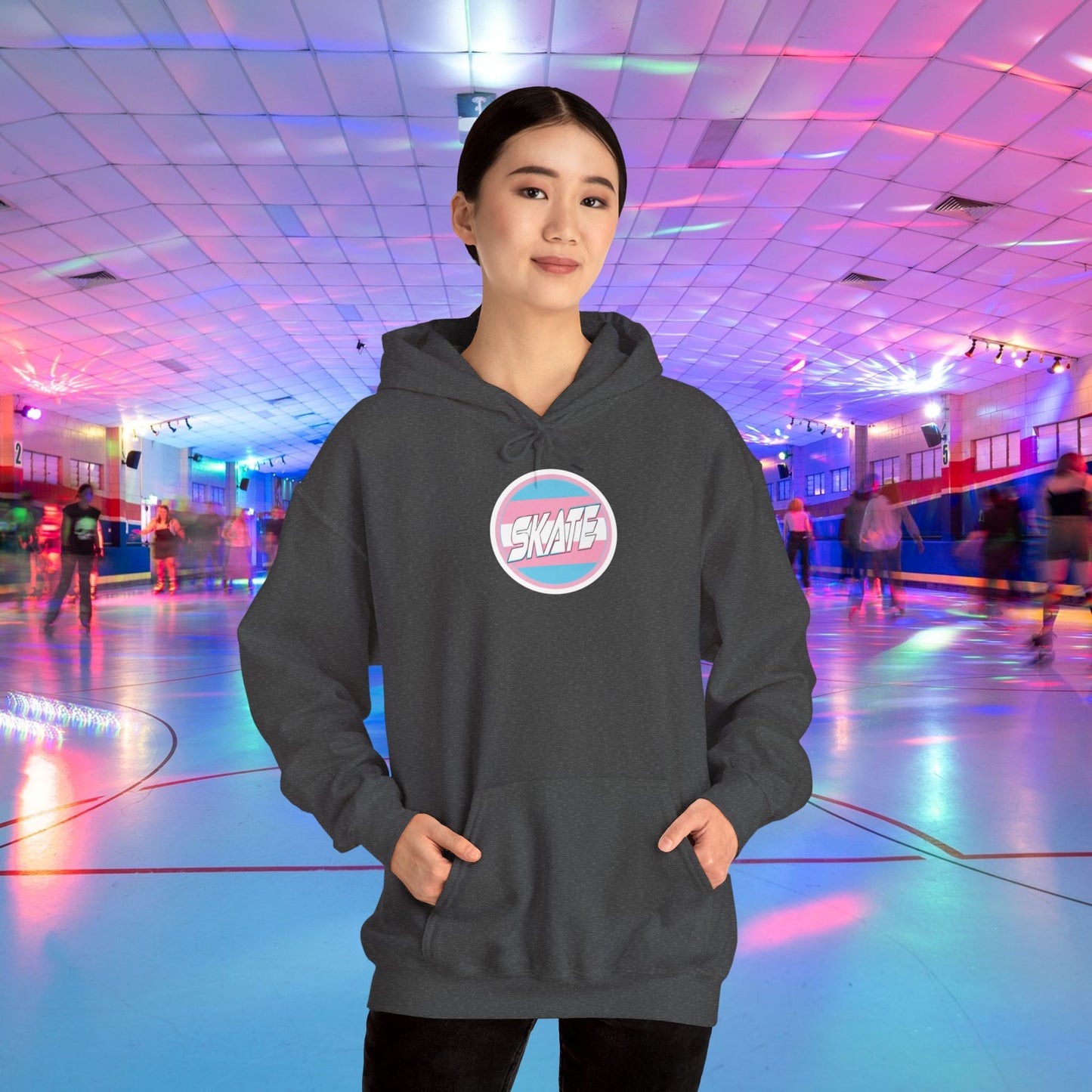 Add Custom Name - SKATE Trans Flag round logo Hoodie - Australian Shipping