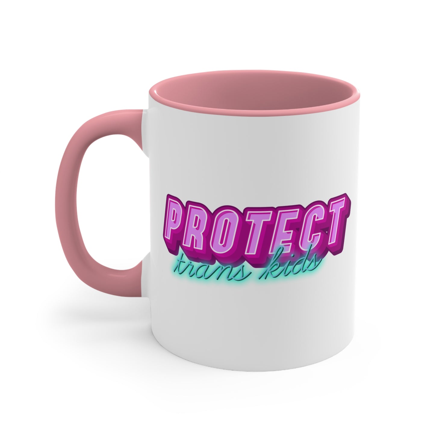 The Protect Trans Kids colourful accent mug by Printify is a white ceramic mug with a black handle and inner rim. It features a vibrant design that says "PROTECT trans kids" in bold, gradient lettering. The word "PROTECT" is in pink and purple, while "trans kids" is in teal, showcasing transgender pride.