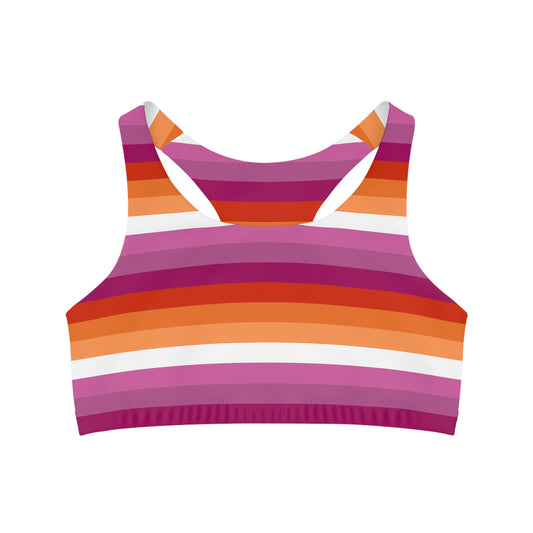 The Lesbian Pride Flag seamless sports crop features a vibrant design with horizontal stripes in shades of purple, orange, white, and pink. Its racerback style ensures comfort for active sapphic pride wearers.