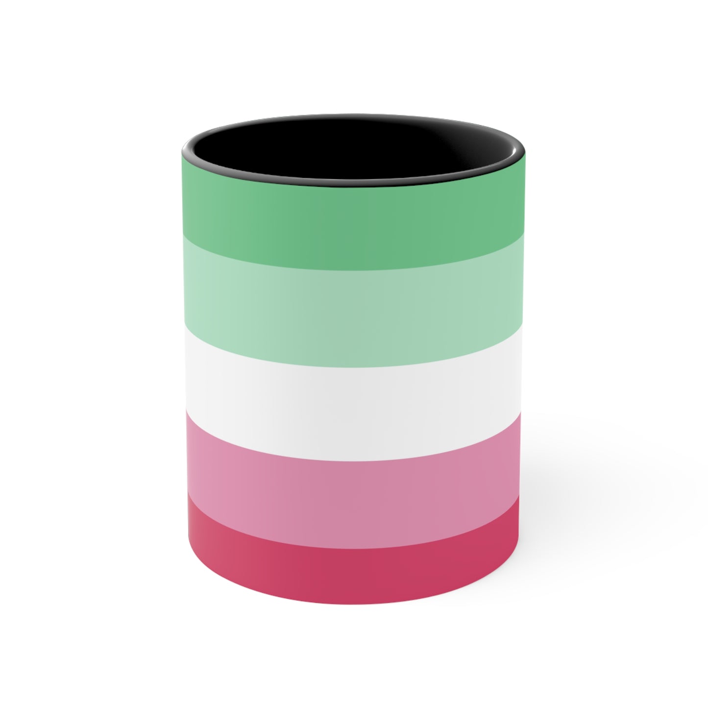 The Abro, Abroromantic, Abrosexual pride flag Accent Mug by Printify is a ceramic mug designed with horizontal stripes in green, light green, white, pink, and red to reflect the vibrant hues of the Abrosexual pride flag. It also features a pink handle and a colorful interior.