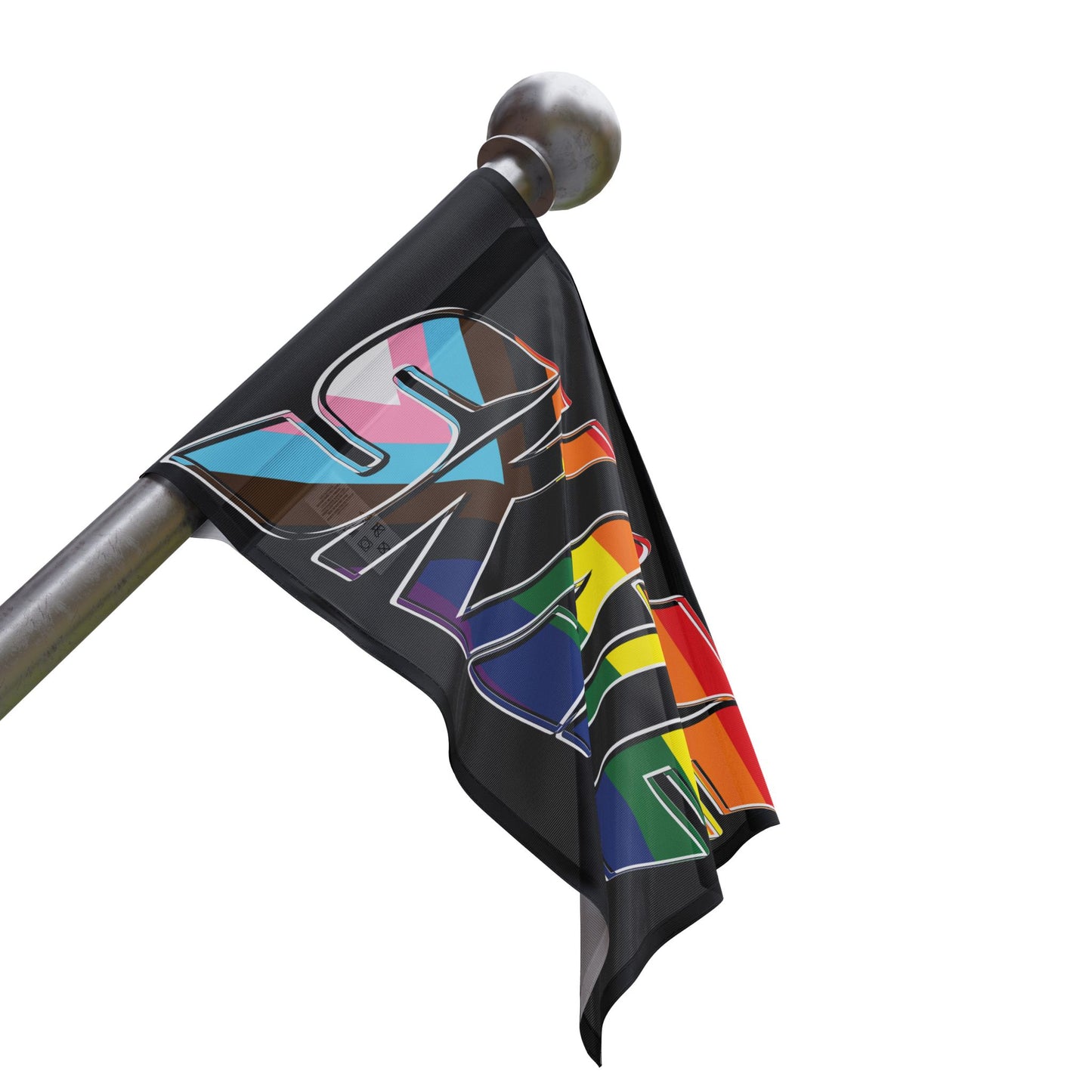 Introducing the SKATE progress pride original design flag - black by Printify. This rectangular flag features the word "SKATE" in bold and colorful letters that showcase various pride flag colors, including the rainbow Pride flag, the transgender flag, and the Progress Pride flag. Made from durable polyester organza with a satin finish, it’s perfect for displaying your queer skating pride.