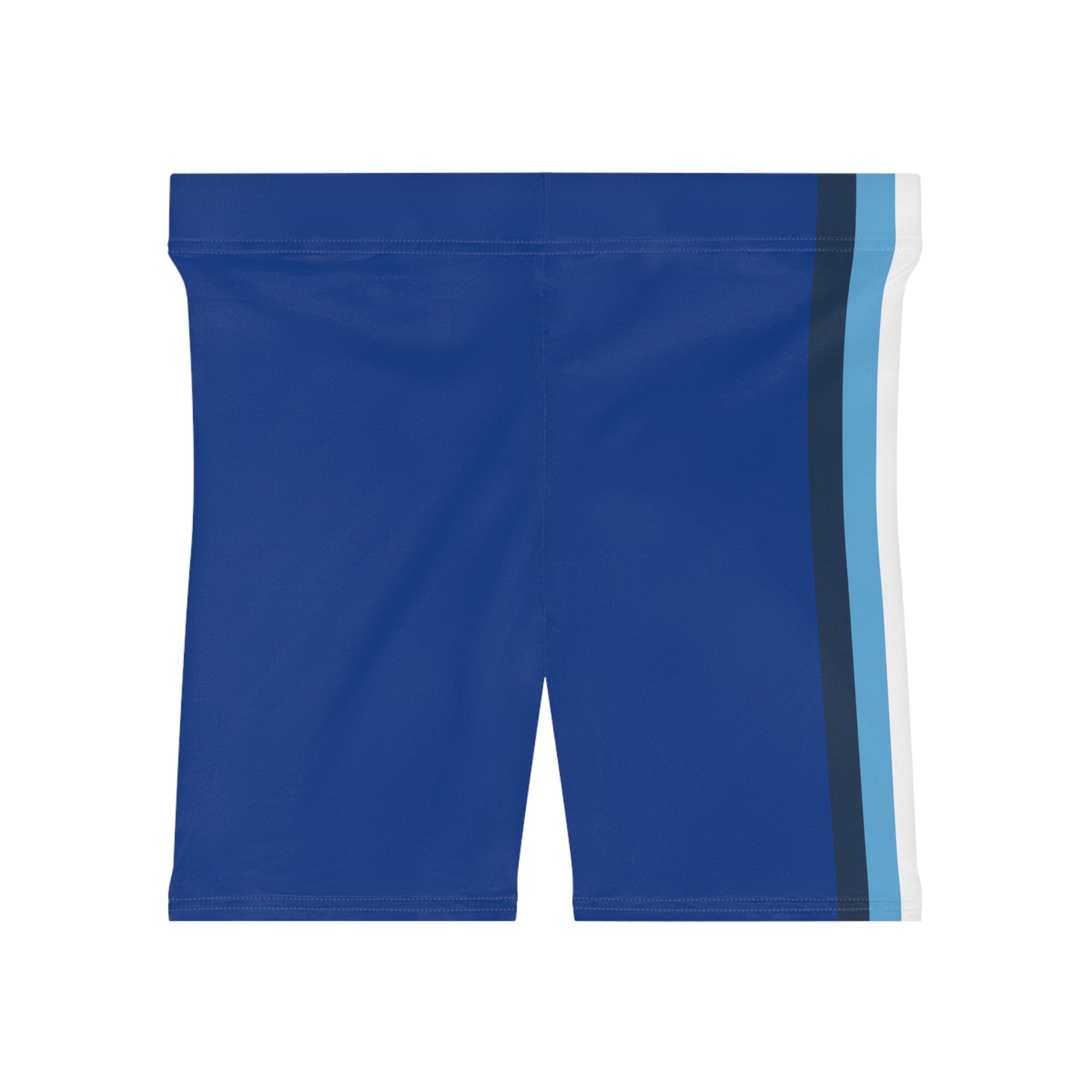 A person wearing Printify's Aroace Pride Flag Bike Shorts, which are high-waisted blue athletic shorts featuring vertical stripes in dark blue, light blue, white, yellow, and orange down the side. The photo captures the lower torso and upper thighs from a side view.