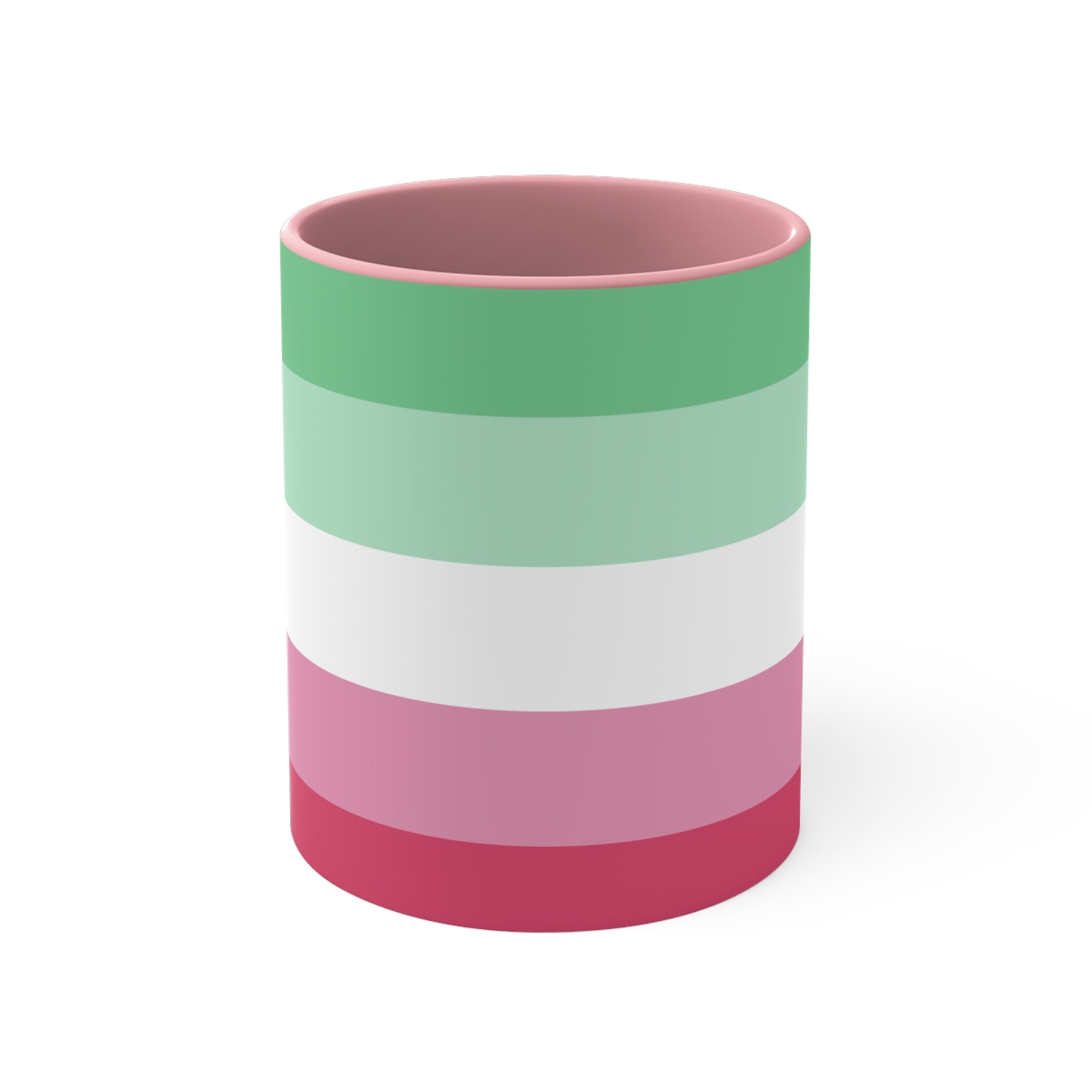 The Abro, Abroromantic, Abrosexual pride flag Accent Mug by Printify is a ceramic mug designed with horizontal stripes in green, light green, white, pink, and red to reflect the vibrant hues of the Abrosexual pride flag. It also features a pink handle and a colorful interior.