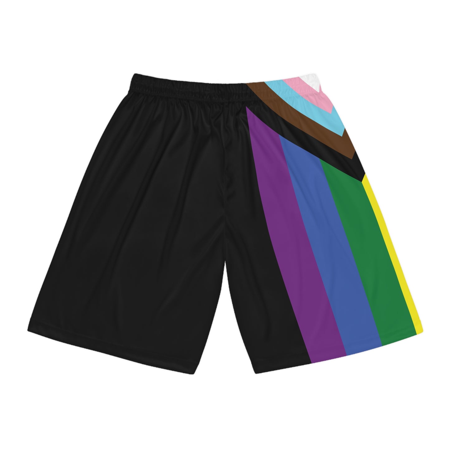 A person is wearing Printify's Progress Pride Rainbow Flag Basketball Shorts made from black, odor-resistant fabric. The shorts feature a vibrant diagonal stripe design in red, orange, yellow, green, blue, brown, black, light blue, pink, and white on the left side. The person's torso is partially visible.