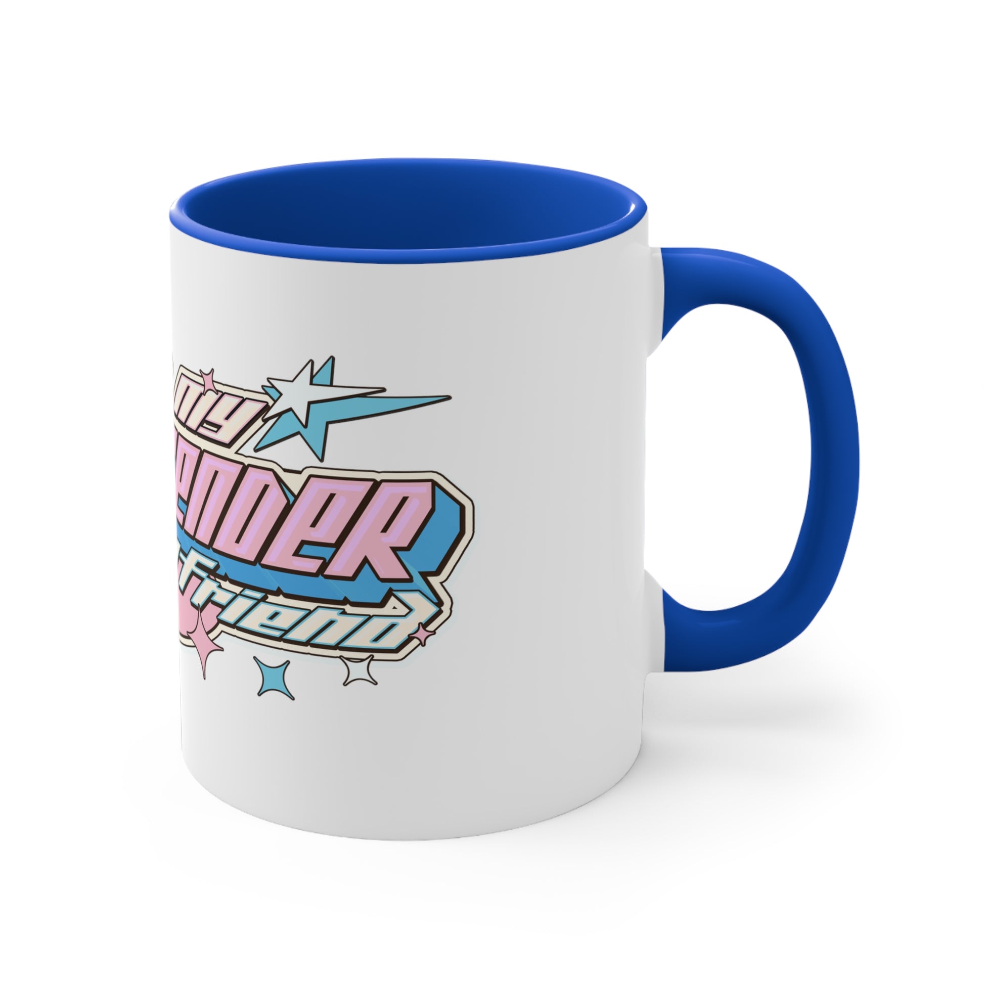 The I Love My Transgender Girlfriend original design accent mug by Printify is a white mug with a colorful interior. It features bold, playful letters that spell out "I Love My Transgender Girlfriend" along with star accents, all in the colors of the transgender pride flag: pink, blue, and white.