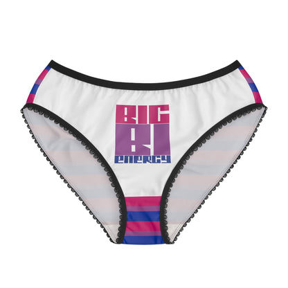 Introducing the BIG BI ENERGY bisexual pride flag briefs by Gay Skate, an original design featuring ultra-comfortable construction. These briefs showcase a white front panel adorned with "BIG BI ENERGY" in bold purple and pink letters. The waistband and leg openings are styled in black with a scalloped edge, while the sides flaunt horizontal stripes in pink, purple, and blue.