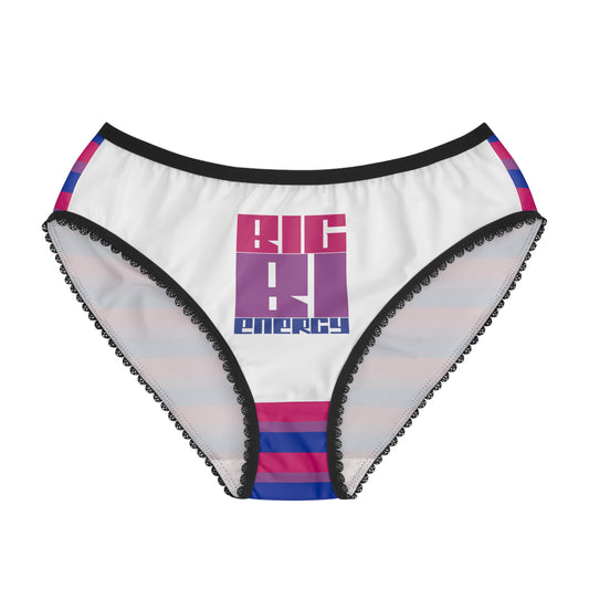 Introducing the BIG BI ENERGY bisexual pride flag briefs by Gay Skate, an original design featuring ultra-comfortable construction. These briefs showcase a white front panel adorned with "BIG BI ENERGY" in bold purple and pink letters. The waistband and leg openings are styled in black with a scalloped edge, while the sides flaunt horizontal stripes in pink, purple, and blue.