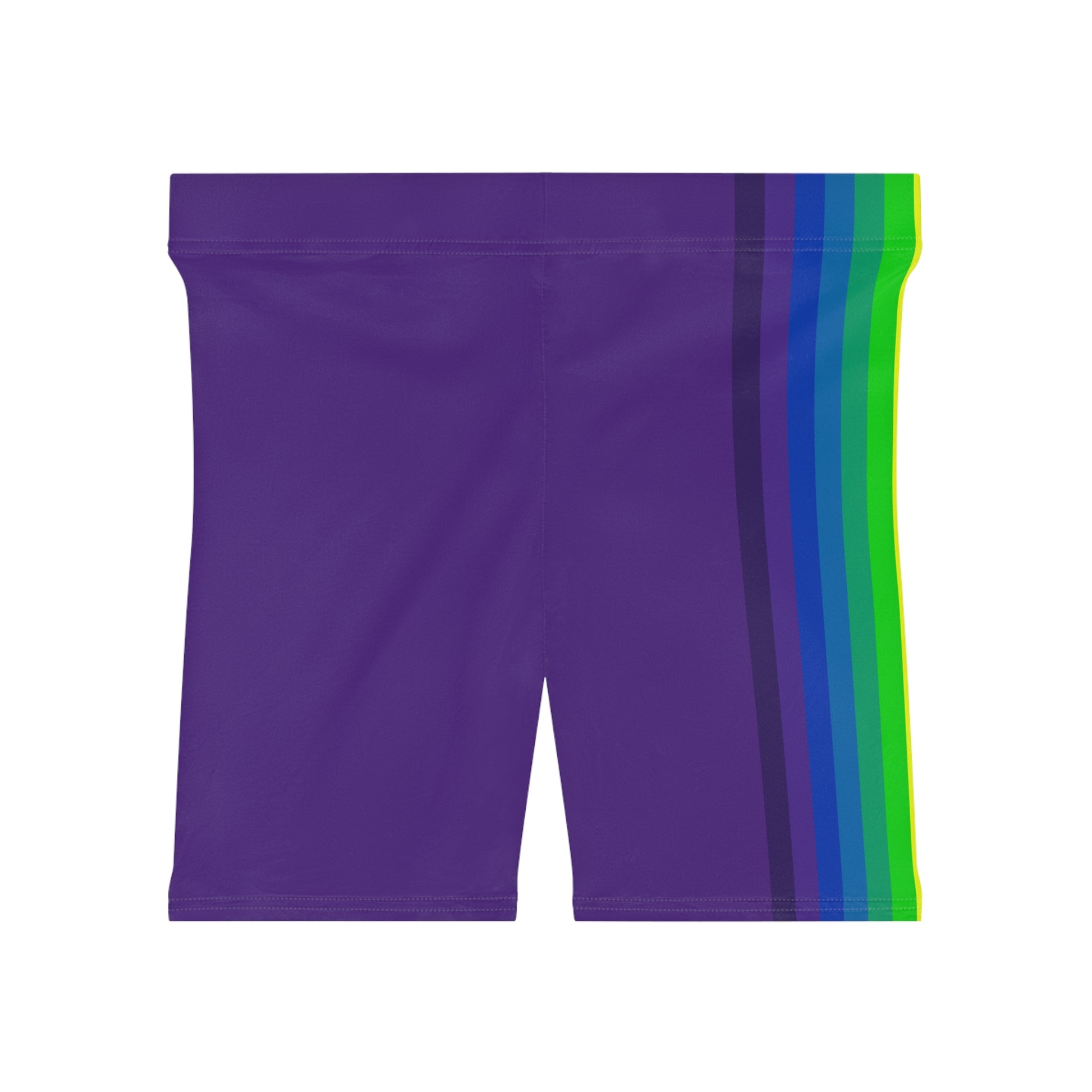 A person is wearing Rainbow and Purple Bike Shorts, which feature a bold, vertical rainbow pride flag stripe pattern on the side in red, orange, yellow, green, blue, and purple. These form-fitting shorts are made from moisture-wicking polyester spandex and have a neutral white background.