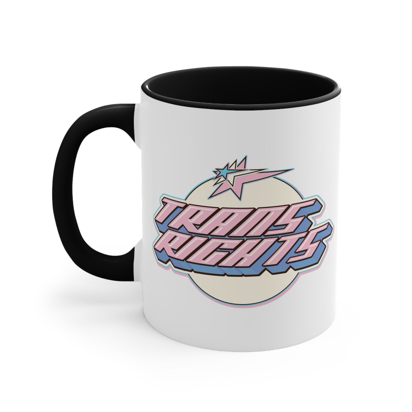 The Trans Rights colorful accent mug by Printify showcases a white coffee mug with a pink handle and vibrant interior, featuring the bold, retro-style text "TRANS RIGHTS" against a circular, off-white background. Above the text is a stylized star with dynamic lines that reflect the colors of the transgender pride flag, creating an energetic sense of movement.