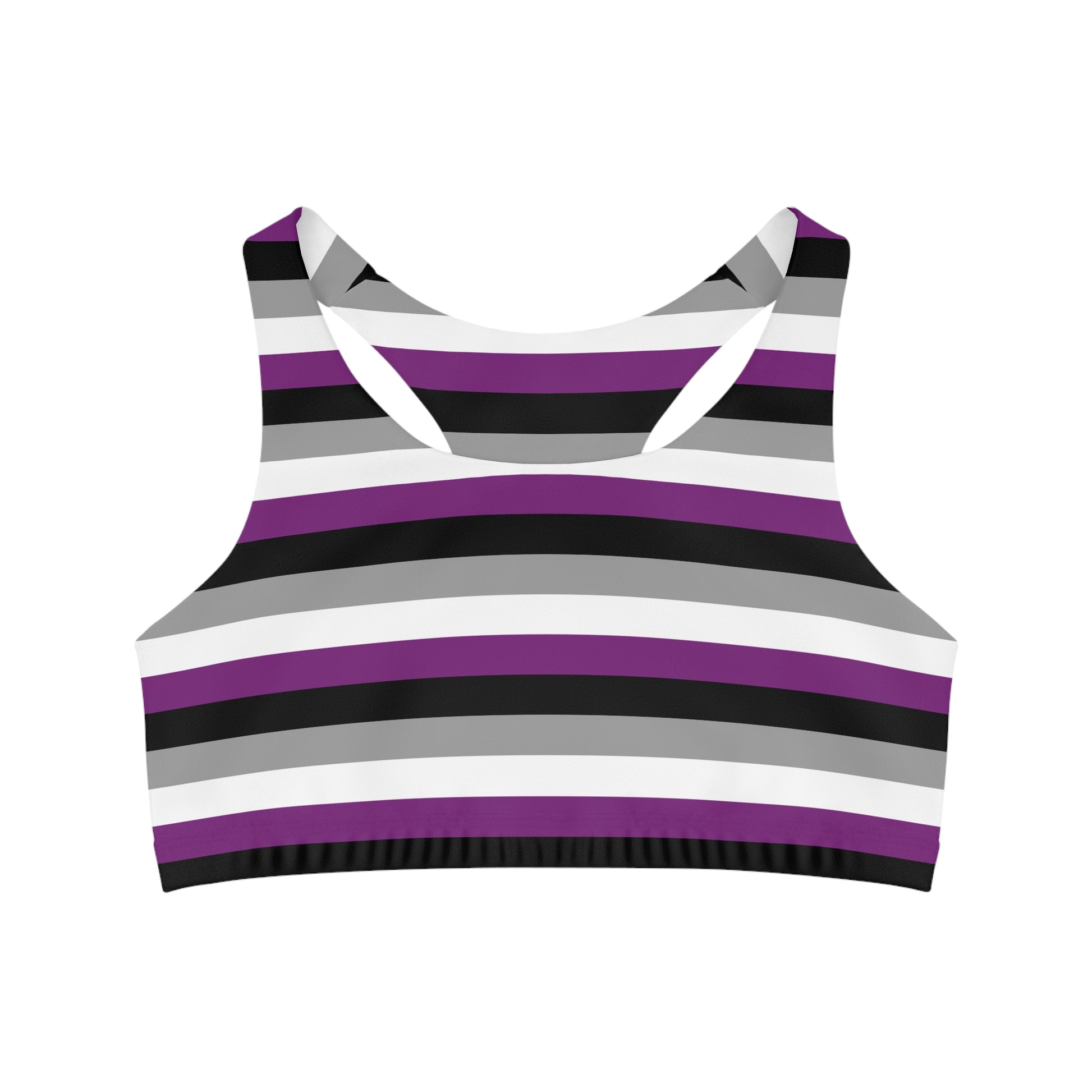 Introducing the Asexual Ace Pride Flag Seamless Sports Crop by Printify, a sleek sports bra featuring horizontal stripes in black, gray, white, and purple. Its racerback design offers a snug fit with moisture-wicking fabric for enhanced comfort during workouts. Perfect for those embracing queer activewear style.