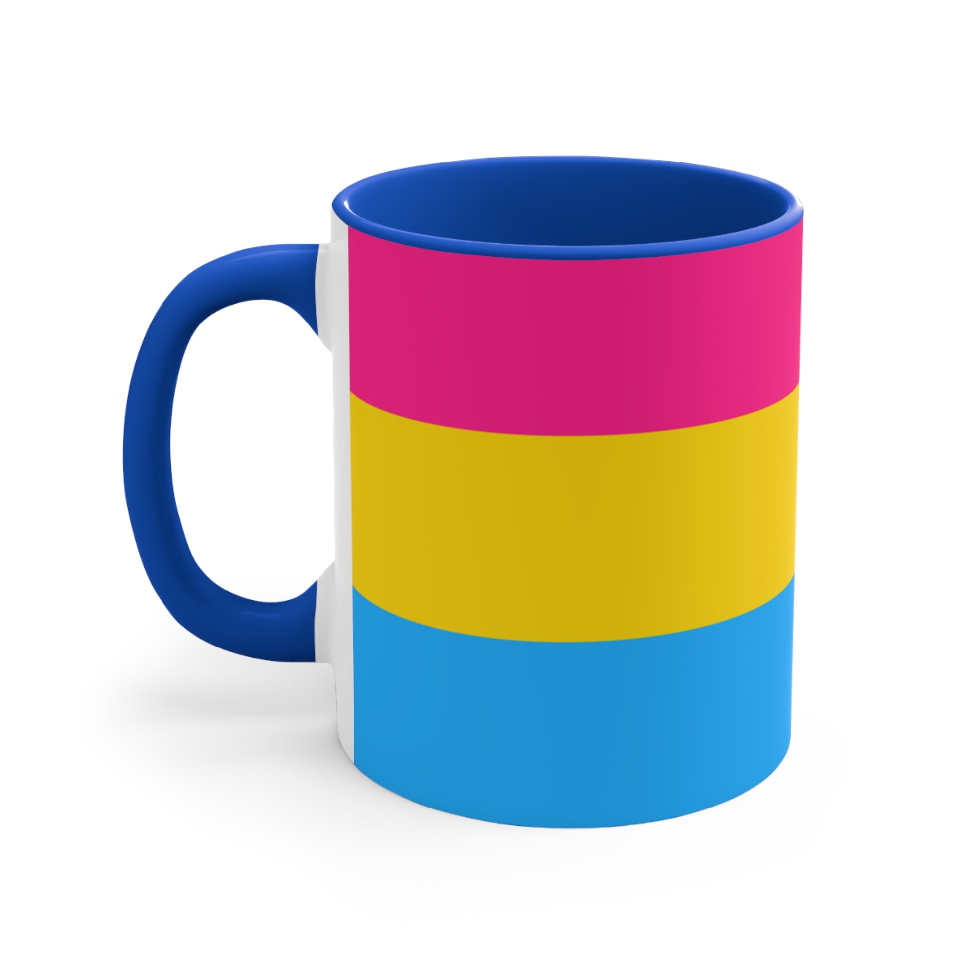 The Pansexual Pride Flag colourful accent mug from Printify features a ceramic design with a pink handle and colorful interior that showcases the colors of the pan pride flag: pink on top, yellow in the middle, and blue on the bottom.