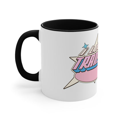 The Printify "I Love My Transgender Wife" original design accent mug is a white ceramic mug with a pink interior, showcasing a retro-styled design of pink, blue, and white stripes. The text on the mug reads "I LOVE MY TRANSGENDER LIFE" surrounded by colorful stars.