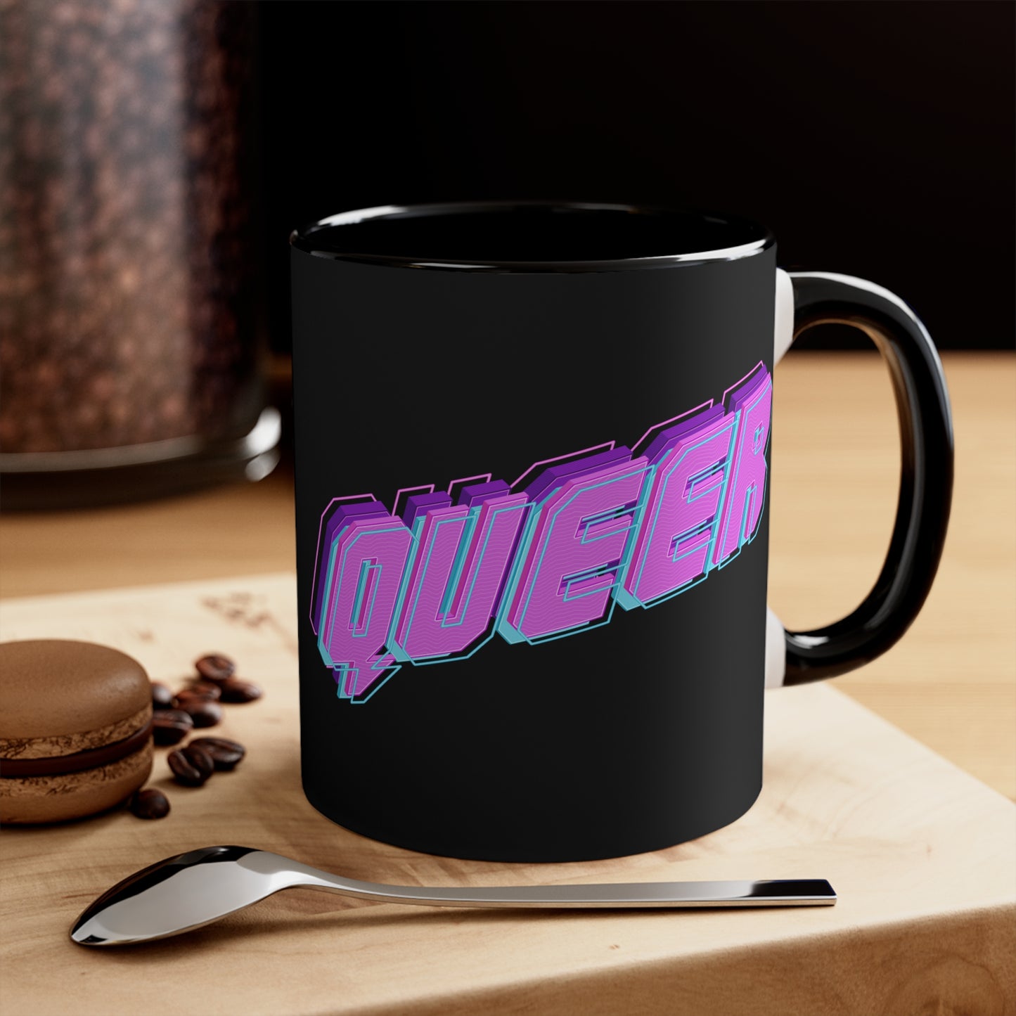 Introducing the "QUEER vibrant neon text - colourful accent mug" by Printify: a striking black mug with "QUEER" boldly displayed in vibrant neon purple and blue 3D letters, set against the dark background. The captivating design features partially visible text on the left side due to the angle of the image.