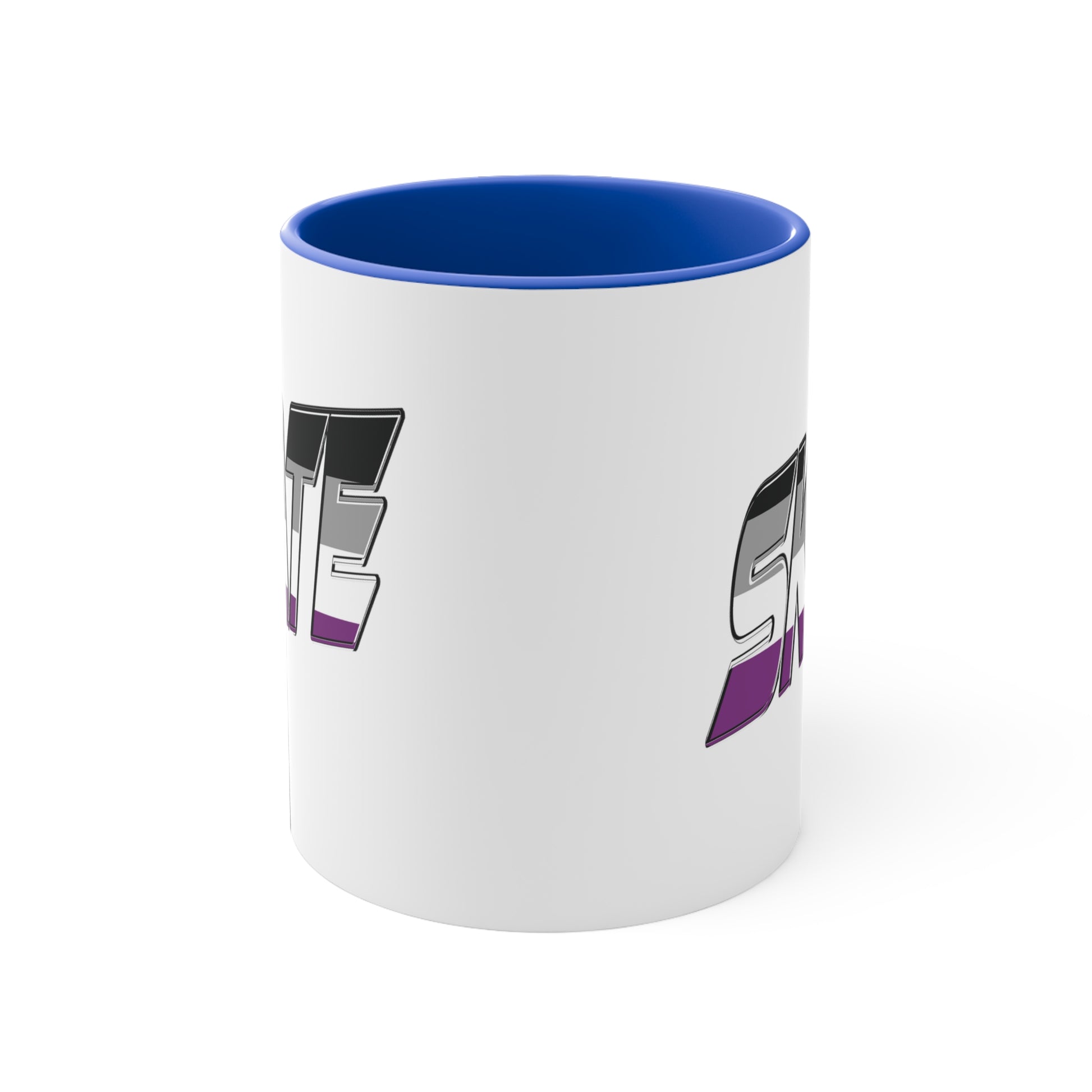 The SKATE asexual pride flag accent mug from Printify features a striking design: a white base with a black handle and vibrant interior. The word "SKATE" is boldly displayed on the side in 3D-style letters, showcasing an eye-catching gradient that transitions from black and gray at the top to purple at the bottom.