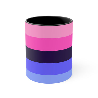 The Omnisexual Pride Flag - love hearts - colourful accent mug from Printify boasts an eye-catching design with a blue handle and inner surface, adorned with horizontal stripes in various shades of pink, purple, and blue.