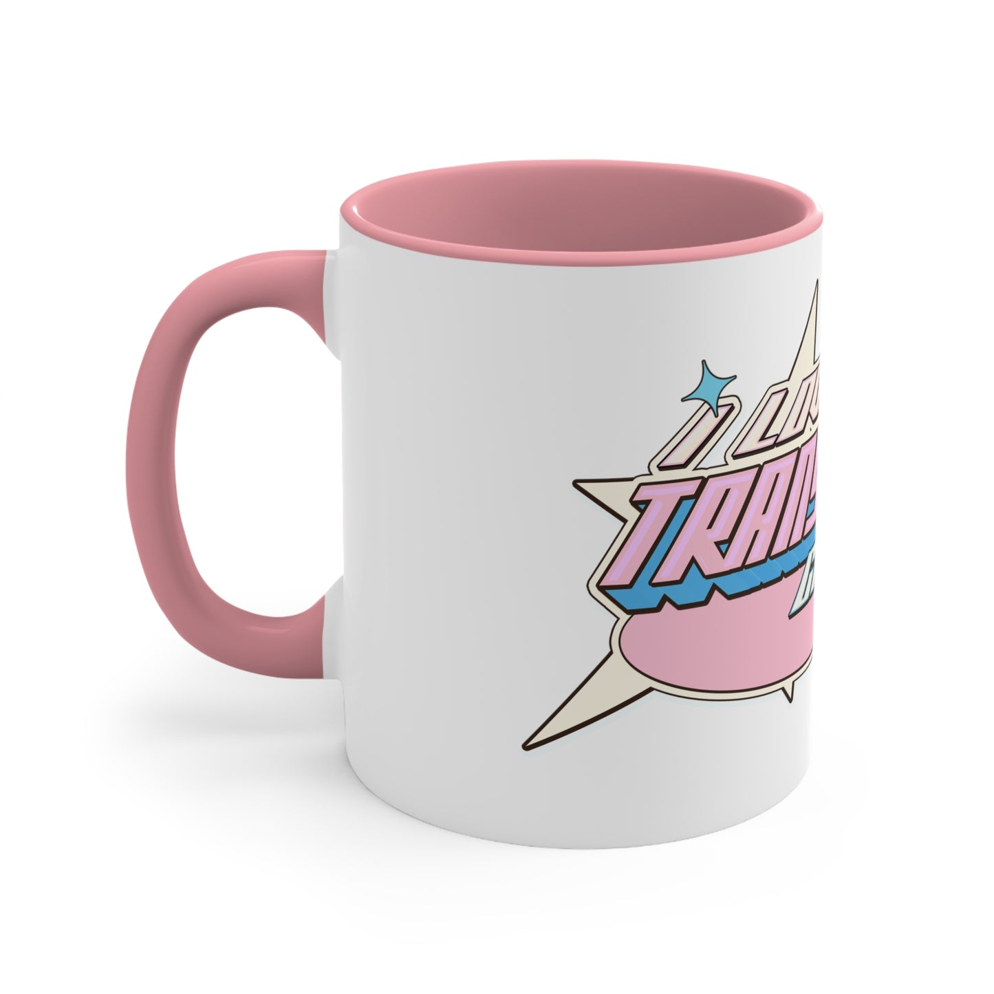 The I Love My Transgender Girlfriend original design accent mug by Printify is a white mug with a colorful interior. It features bold, playful letters that spell out "I Love My Transgender Girlfriend" along with star accents, all in the colors of the transgender pride flag: pink, blue, and white.