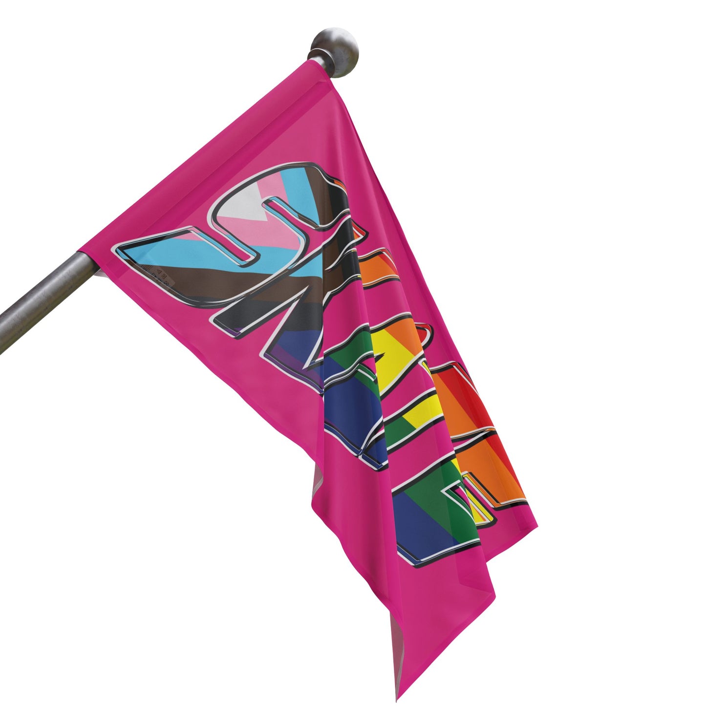 Gay Skate's SKATE progress pride original logo flag - on pink features a bold graphic with the multicolored rainbow pride word "SKATE" on a vibrant pink background. The letters are adorned in the colors of both the rainbow flag and the transgender pride flag, celebrating inclusivity and queer skating pride within the community.