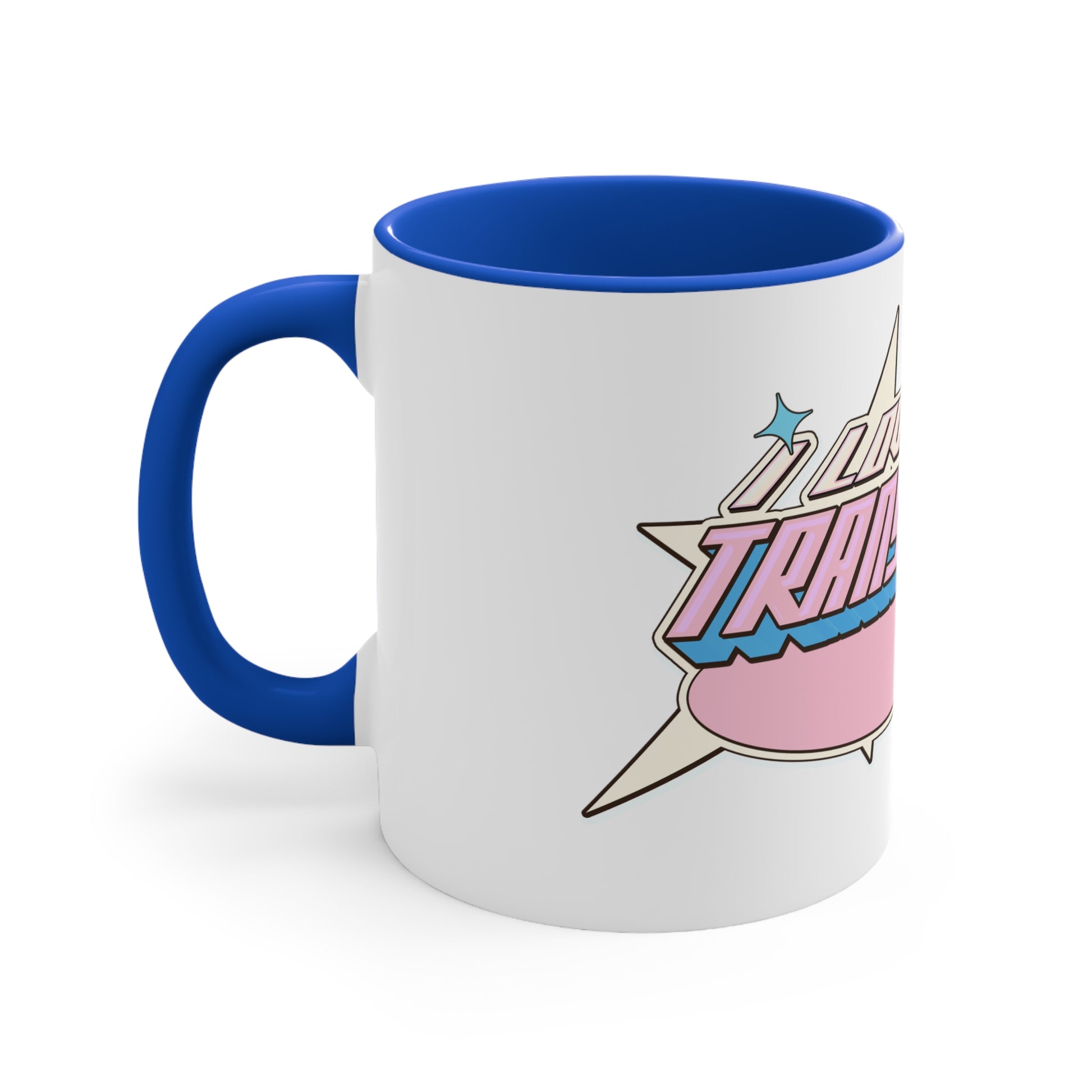 The "I Love My Transgender Mom" original design accent mug by Printify is a striking white ceramic mug with a pink interior. It showcases bold, colorful text that reads, "You Love Me? Transcend It!" in a retro-futuristic font accompanied by stars and pastel shades of pink, blue, and cream. The vibrant color contrast ensures this unique transgender mom mug truly stands out.