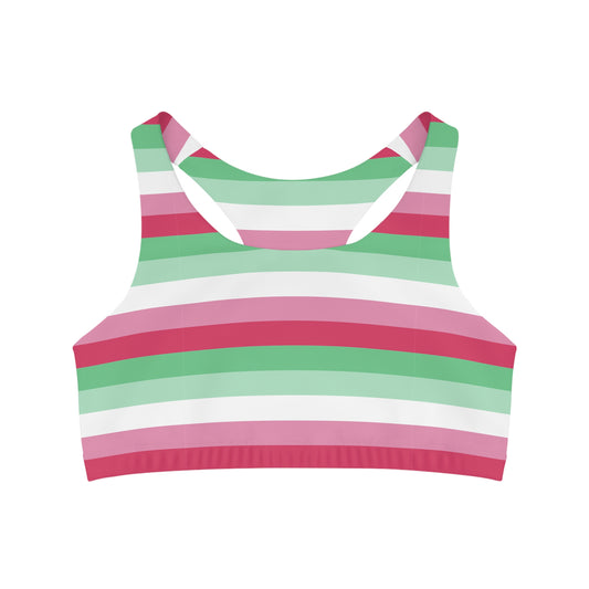 Introducing the Abroromantic Abrosexual pride flag seamless sports crop by Printify. This stylish sports bra features a dynamic horizontal stripe design in shades of green, pink, red, and white. Crafted from moisture-wicking fabric for ultimate comfort during workouts, it also boasts a stretchy racerback style set against a simple white background.