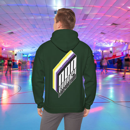 A person wearing the Non-Binary Liberation Hoodie - Australian Shipping by Printify, showcasing a vibrant geometric design on the back in nonbinary pride flag colours, stands in the middle of a roller skating rink. The rink is bathed in vibrant lights of various colors, with several people skating in the background.