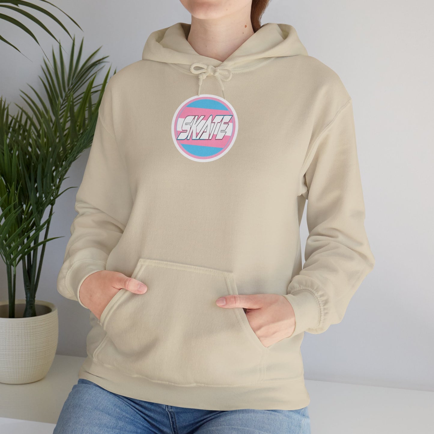 Add Custom Name - SKATE Trans Flag round logo Hoodie - Australian Shipping