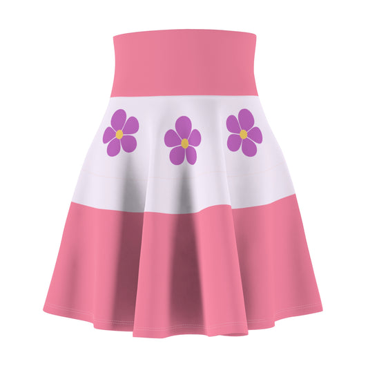 Introducing the Sapphic Pride Flag Skater Skirt by Printify: a fabulous flared skirt in pink with a white band adorned by three purple flowers. Featuring a wide waistband, this playful design is perfect for celebrating love and diversity. Proudly created by a queer-owned business, it embodies pride and authenticity.