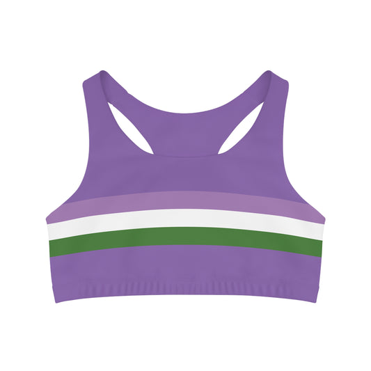 The Genderqueer pride flag seamless sports crop by Printify offers medium support and combines style with function in a racerback design. It features a purple base adorned with horizontal lavender, white, and green stripes that subtly celebrate the Genderqueer pride flag, crafted from moisture-wicking fabric.