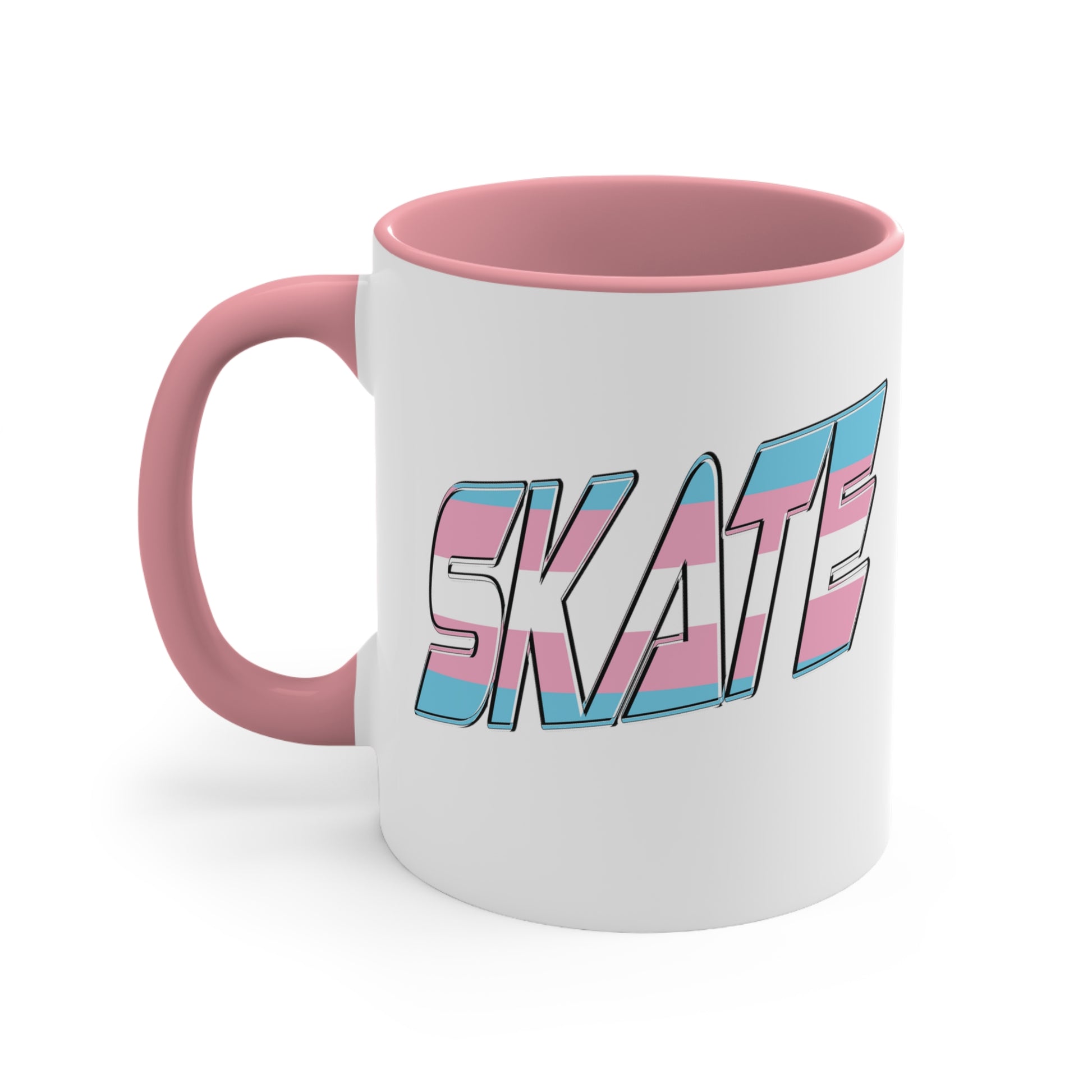 This SKATE trans pride flag accent mug by Printify features a white ceramic base with a blue handle and matching colorful interior. The word "SKATE" is emblazoned in bold letters, styled with vibrant pink and blue tones. Hand wash only to maintain its vivid design.