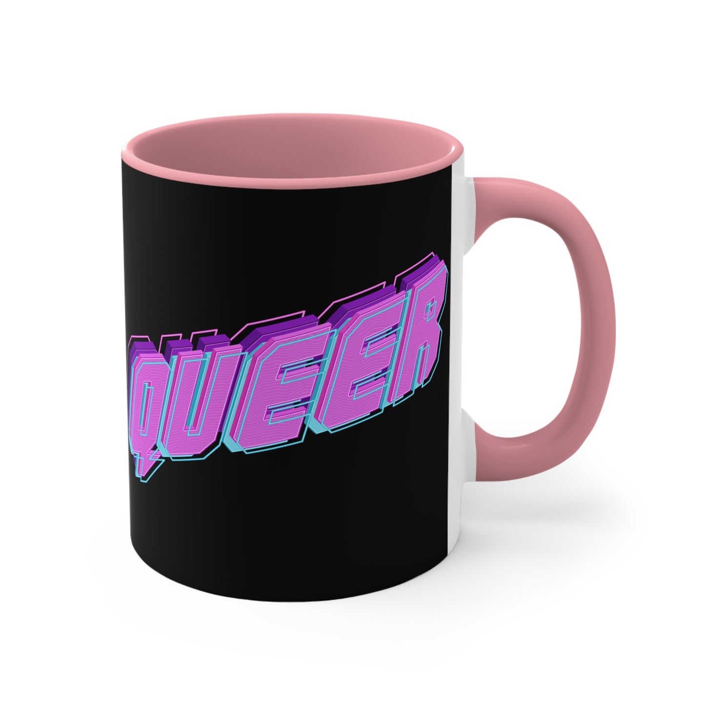 Introducing the "QUEER vibrant neon text - colourful accent mug": a striking black mug with "QUEER" boldly displayed in vibrant neon purple and blue 3D letters, set against the dark background. The captivating design is original and the perfect pride gift