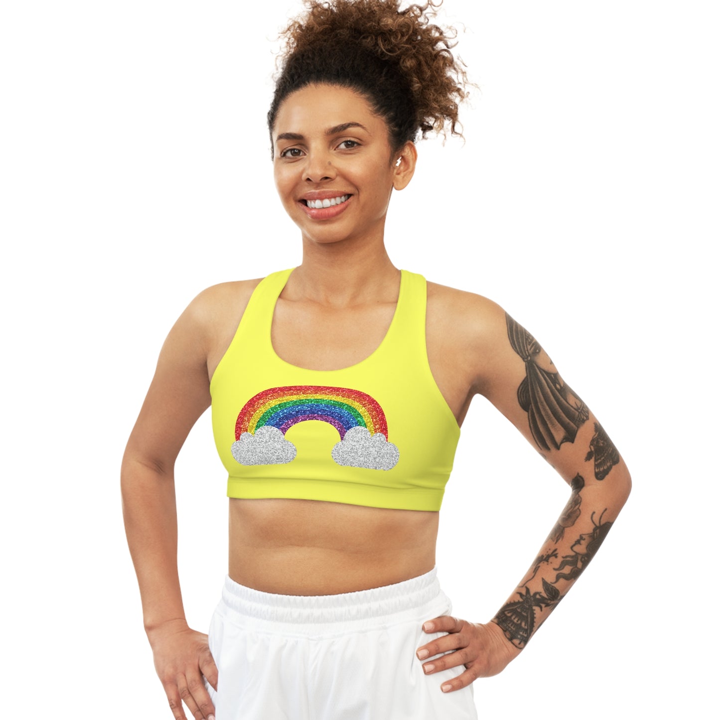 Glitter Rainbow Subtle Pride yellow seamless sports crop. LGBTIQAP+ active wear