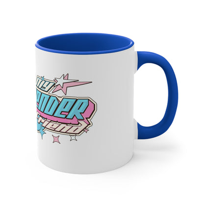 The "I Love My Transgender Friend" original design accent mug by Printify is a white mug with a vibrant blue interior. It showcases a colorful retro design and bold text that reads "I love my transgender friend," adorned with pink, blue, and white stars. This mug is perfect for anyone special.