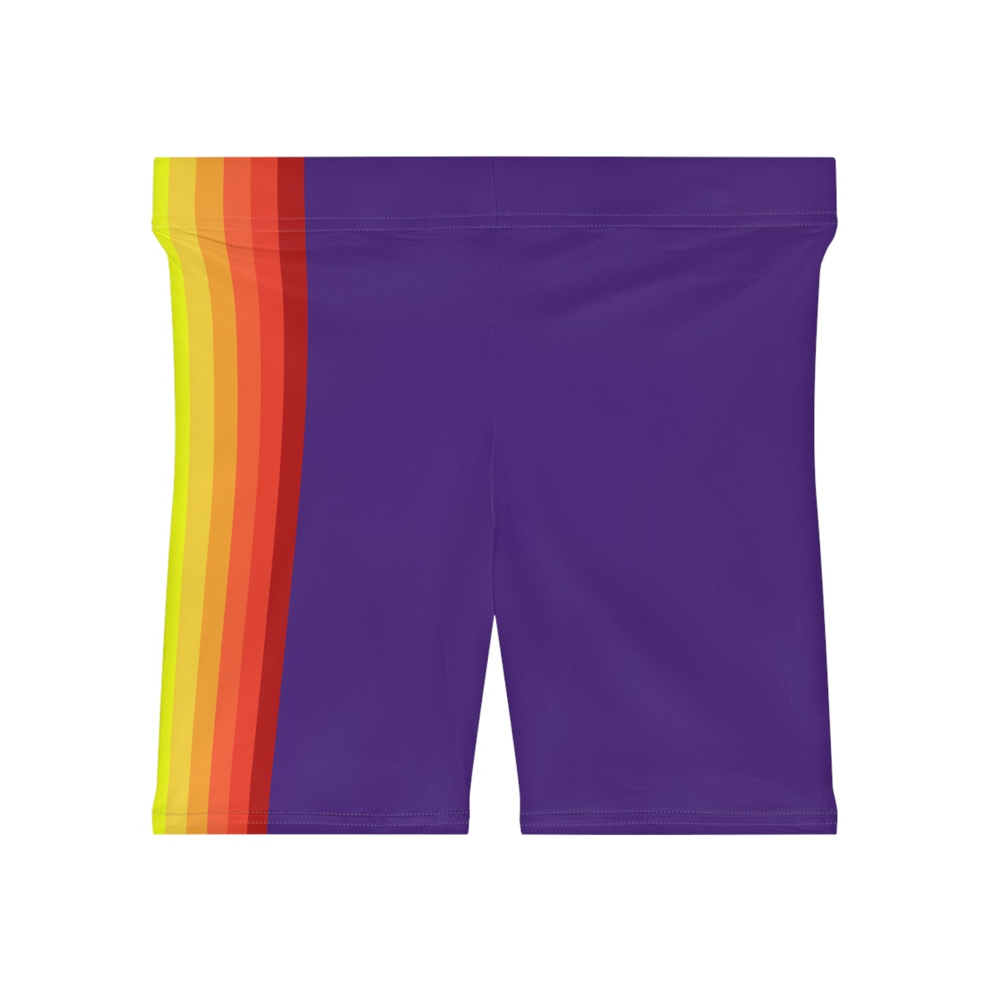 A person is wearing Rainbow and Purple Bike Shorts, which feature a bold, vertical rainbow pride flag stripe pattern on the side in red, orange, yellow, green, blue, and purple. These form-fitting shorts are made from moisture-wicking polyester spandex and have a neutral white background.