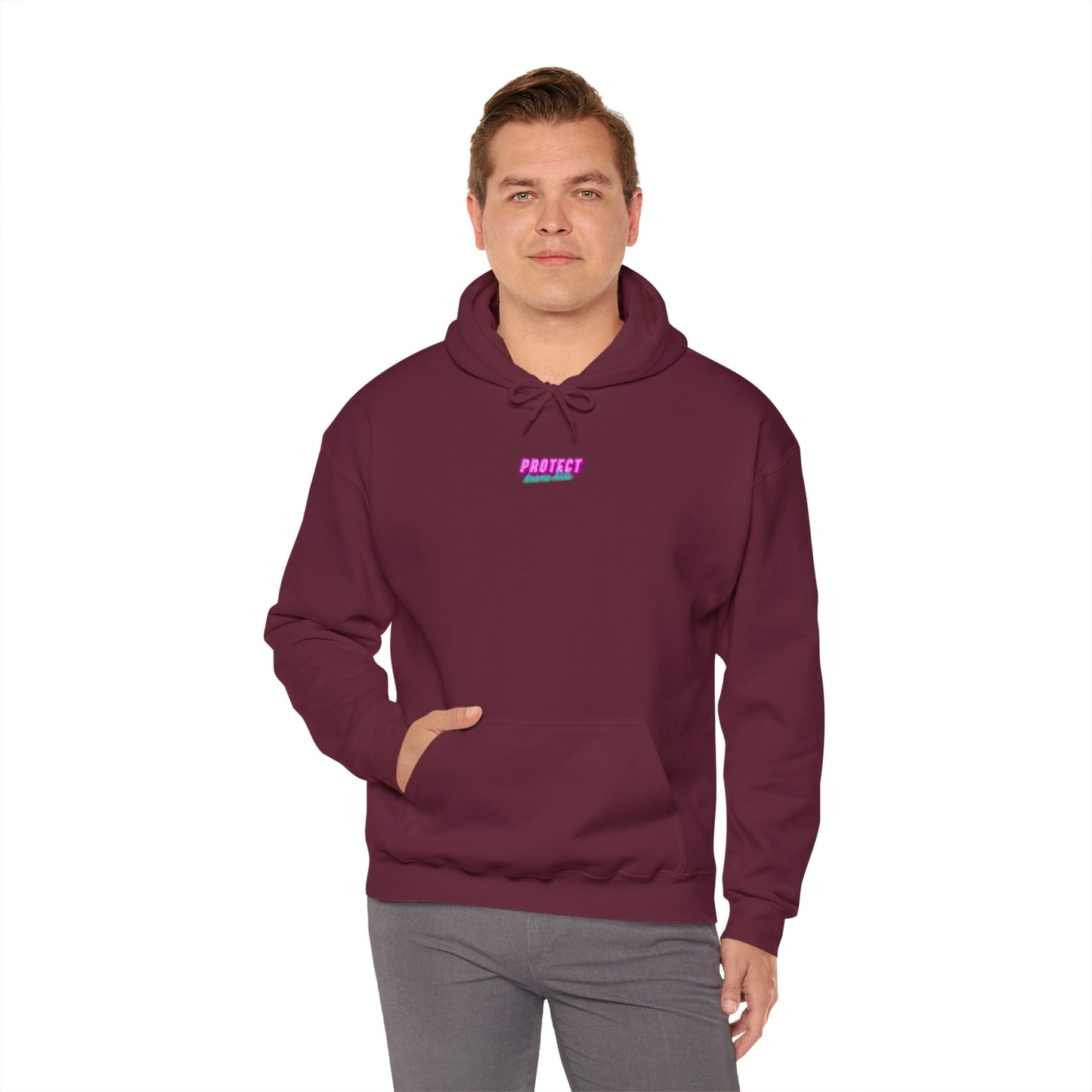 A person dons the Protect Trans Kids Hoodie, a burgundy unisex piece with "PERFECT" in pink and white. Made from ethically grown cotton, they casually rest one hand in the pocket while set against a plain white background.