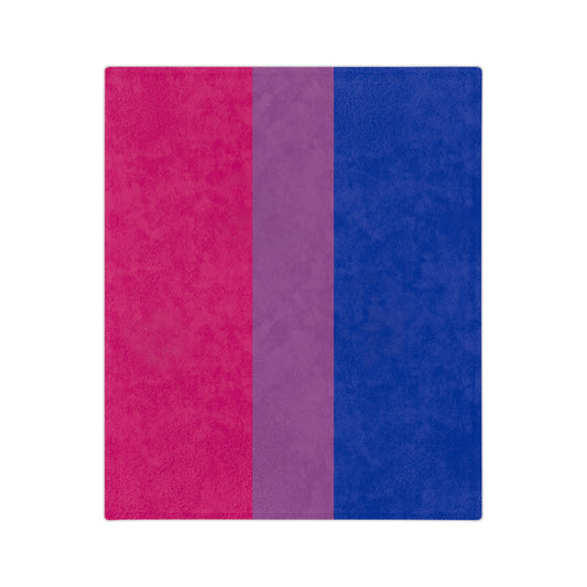 Introducing the Bisexual Pride Flag - Velveteen Microfiber Blanket by Printify. This rectangular design showcases three vertical stripes: pink on the left, purple in the center, and blue on the right. The perfect choice for a super-soft fleece blanket made by a trans and queer-owned business.