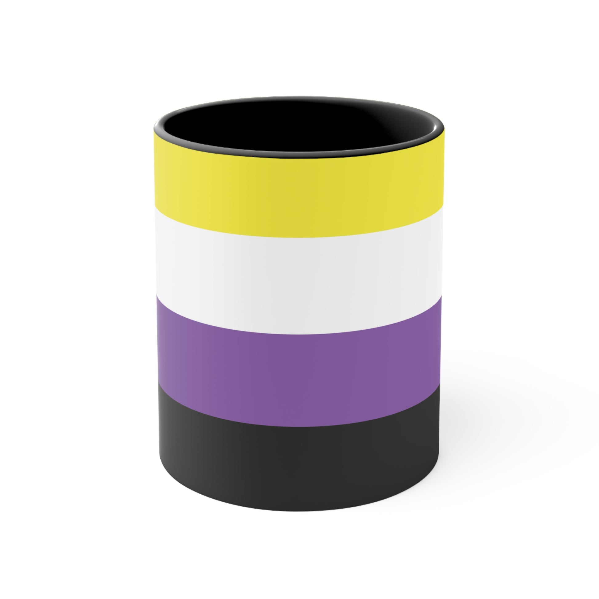 The Non-binary Pride Flag colourful accent mug by Printify features a ceramic design with a black handle and interior, adorned with vibrant horizontal stripes in yellow, white, purple, and black for an eye-catching color contrast.